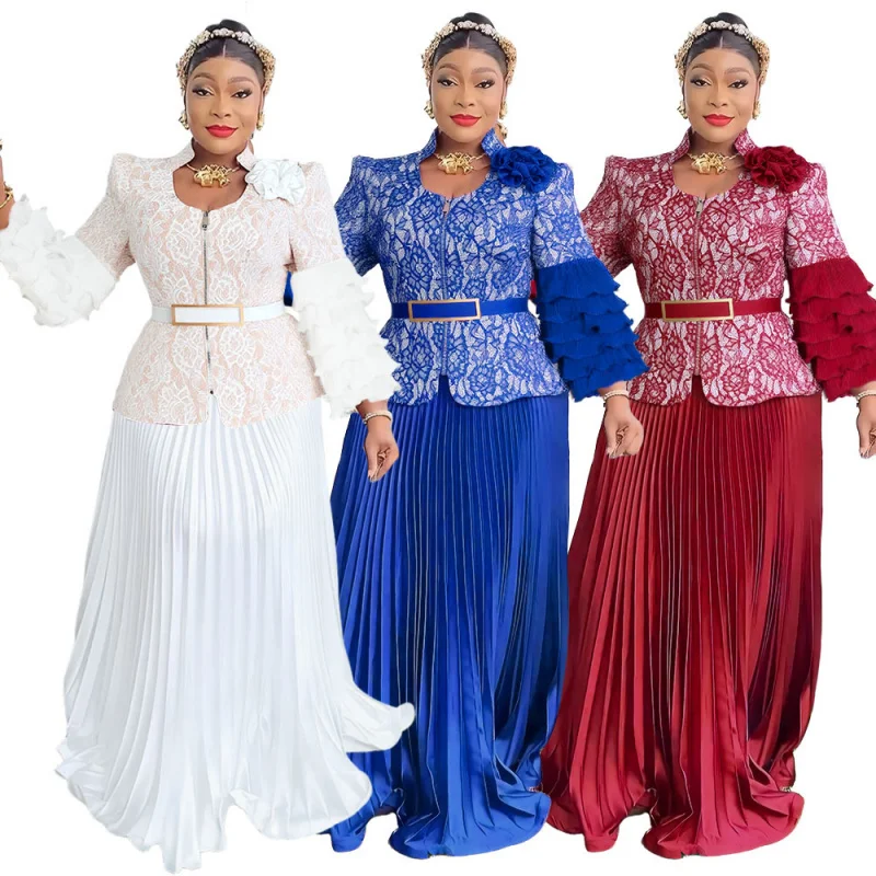 

African Women's Clothing Pleated Lace Print Dress Party Long Dress Wedding Dress Two-Piece Set