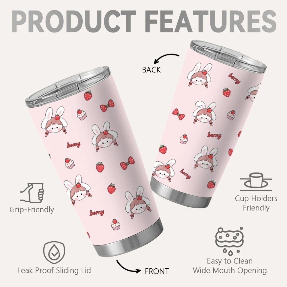 Fruit Cute Character Prints Vacuum Flasks 20oz Coffee Tumbler With 2 Lids & Straw Stainless Steel Vacuum Insulated Mug