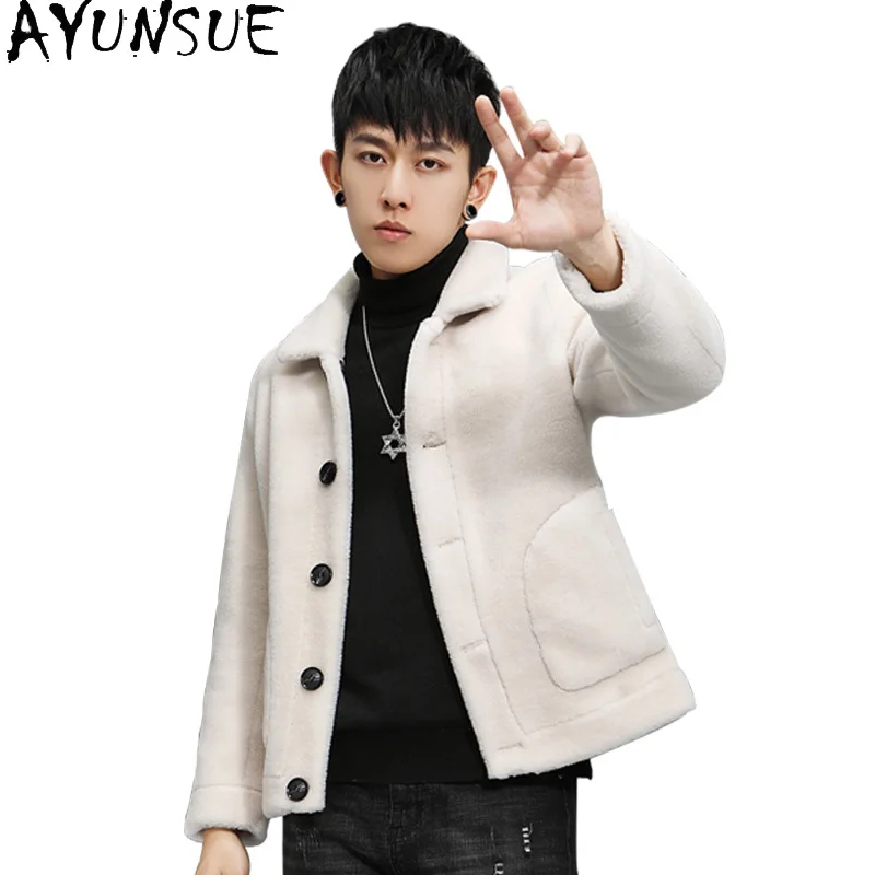 

AYUNSUE 100% Wool Coats for Man Winter Causal Sheep Shearing Jacket Men's Clothes Reversible Lamb Wool Coat Single-breasted 2025