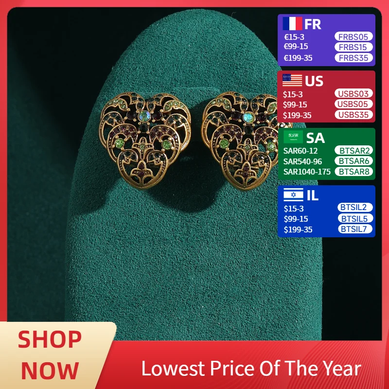 

Antique Beaded Hollow Heart Earrings Stud Green Rhinestones Tassel Accessories Women Gold Color Palace Vintage Jewelry Luxury