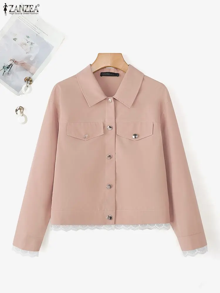سترات الخريف ZANZEA معاطف رقيقة على الموضة للسيدات 2025 سترات كاجوال مرقعة من الدانتيل بأكمام طويلة وأزرار ملابس خروج فضفاضة #1