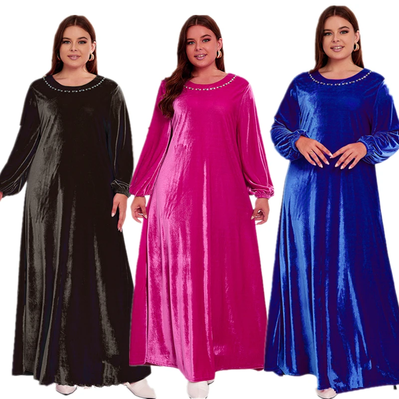 

Fashion Women Velvet Long Sleeve Casual Loose Solid Color O-Neck Dresses Vintage Elegant Robe Gowns Party Maxi Dress Vestido