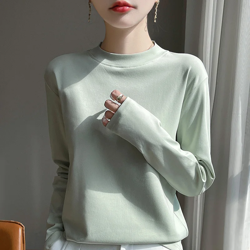 

Spring and Autumn New 100% Cotton Half-high-necked Long-sleeved T-shirt Women's Solid Color Bottom Shirt Fashion Plus Size