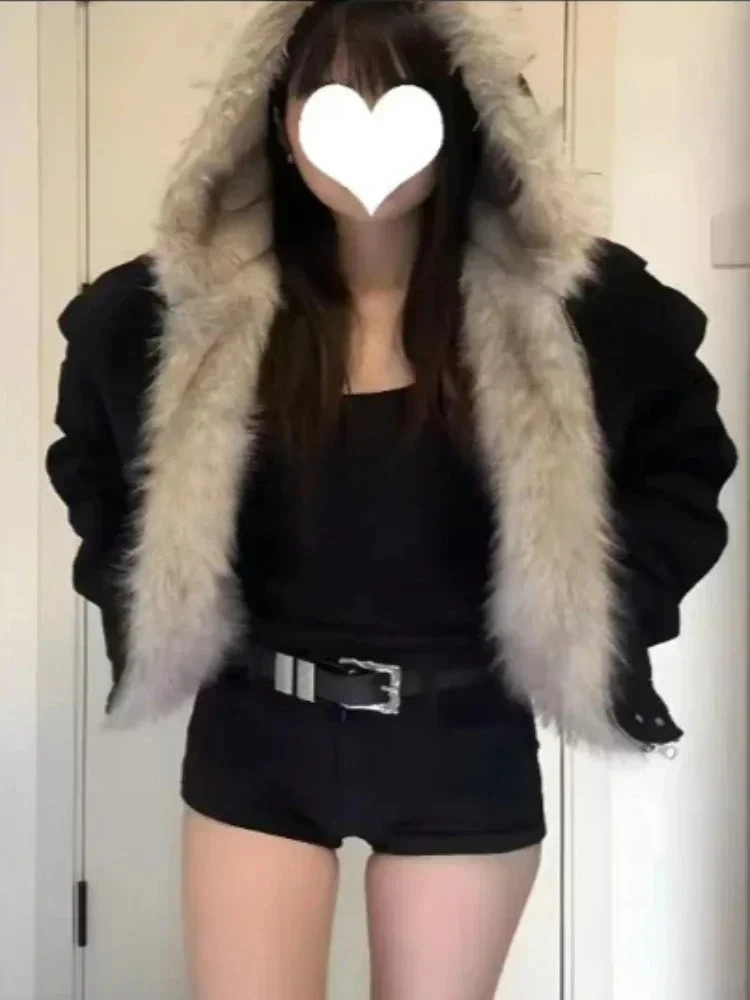 

Elegant Loose Casual Coat Women Y2k Liner Fur Collar Hood Thick Fashion Parkas Casual Outerwear Padded Jackets Winter Female New