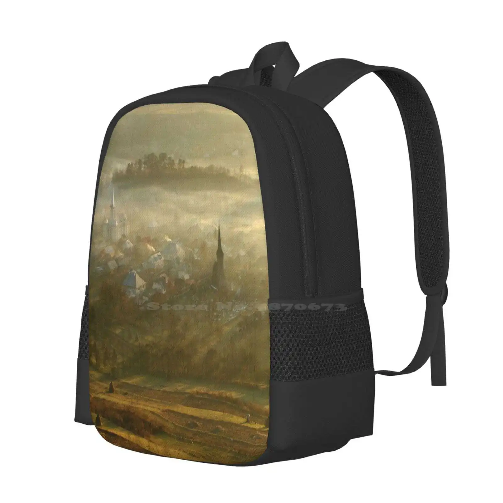 The Village Born From The Fog.... Hot Sale Schoolbag Backpack Fashion Bags Landscape Church Fog Village