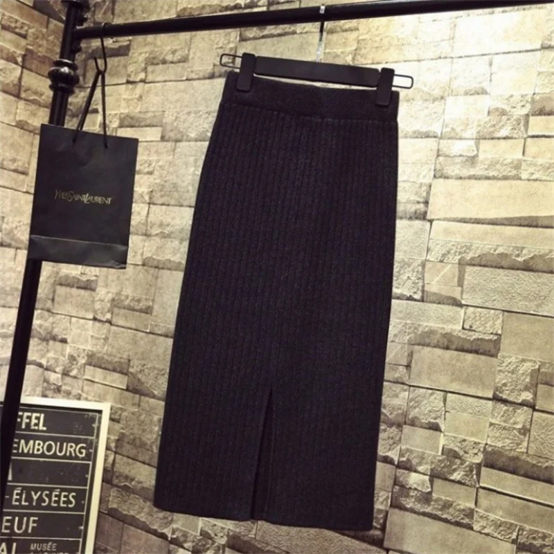New Fashion Spring Autumn Women's High Waist knitted Solid Color Half Length Elastic Skirt Promotions Lady Wrap Hip Spilt Skirts
