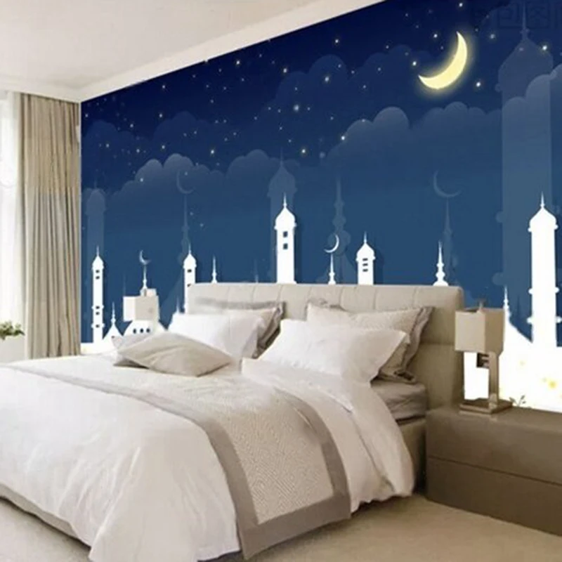 Modern and beautiful starry sky castle flowers plants moon cartoon children's room TV luxurious home decoration background wall