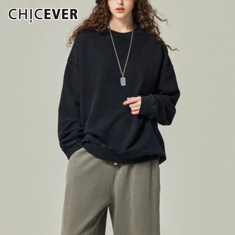 CHICEVER Zwart gesplitst plooien sweatshirt vrouwelijk O-hals met lange mouwen losse vintage streetwear damessweatshirts herfstmode
