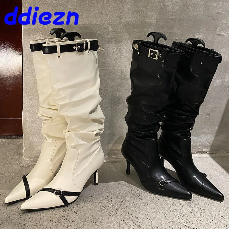 

Fashion Pointed Toe Women Knee High Modern Boots Female Heels Shoes Footwear Pleated Ladies Long Booties Designer Buckle Shoes