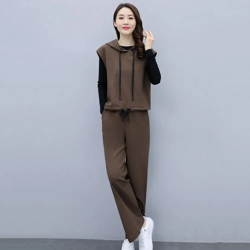 Three-piece Set Women Casual Suit Black Tops Hooded Vest Coat Pants Set Leisure Elegant Outfit Spring Autumn Commuter Tracksuit