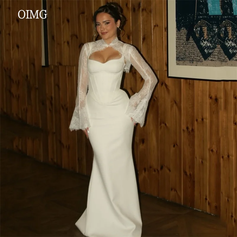 

OIMG Elegant Ivory Mermaid Formal Prom Gowns Lace Long Sleeves Evening Dress Sweetheart Neck Party Dresses Customized