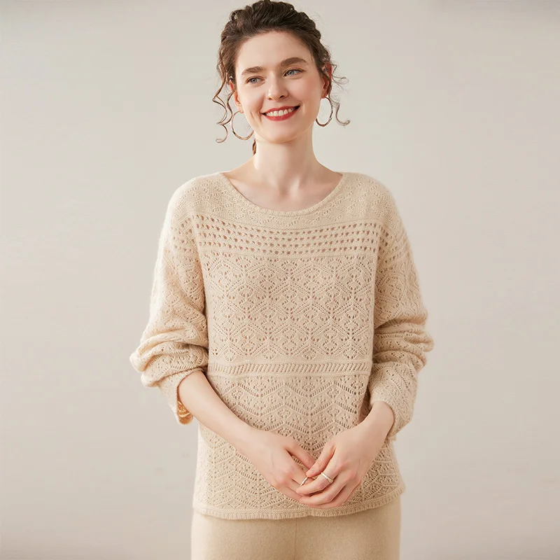 Spring Summer Women Hollow Pullover 100% Cashmere Sweater O-Neck Thick Simple Soft Luxury Grace Style Clothing High Quality
