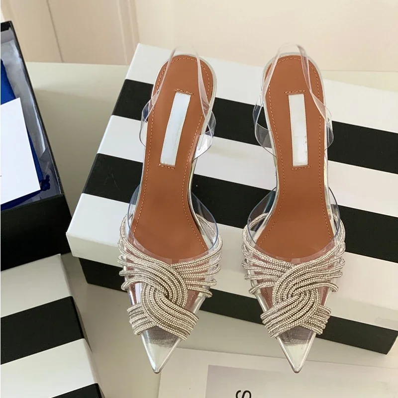 2023 Summer New Pointed-toe Rhinestone Sunflower PVC Transparent Women's Sandals Hollow Stiletto High Heels