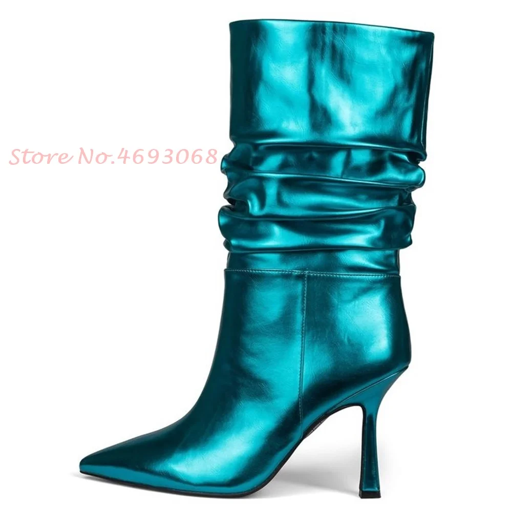 

Metallic Leather Mid Calf Boots Pleated Thin Heels Women Sexy Slip On Pointy Toe Modern Boots 2022 Spring British Sytle Shoes