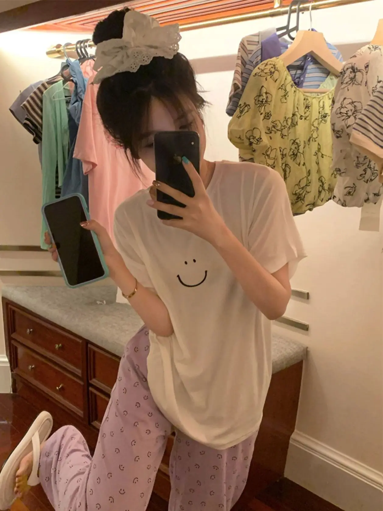 Trendy Smiley Face Print Short Sleeve Pajamas Women\'s 2024 New T-shirt Long Pants Loungewear Casual Set Ins Korean Style