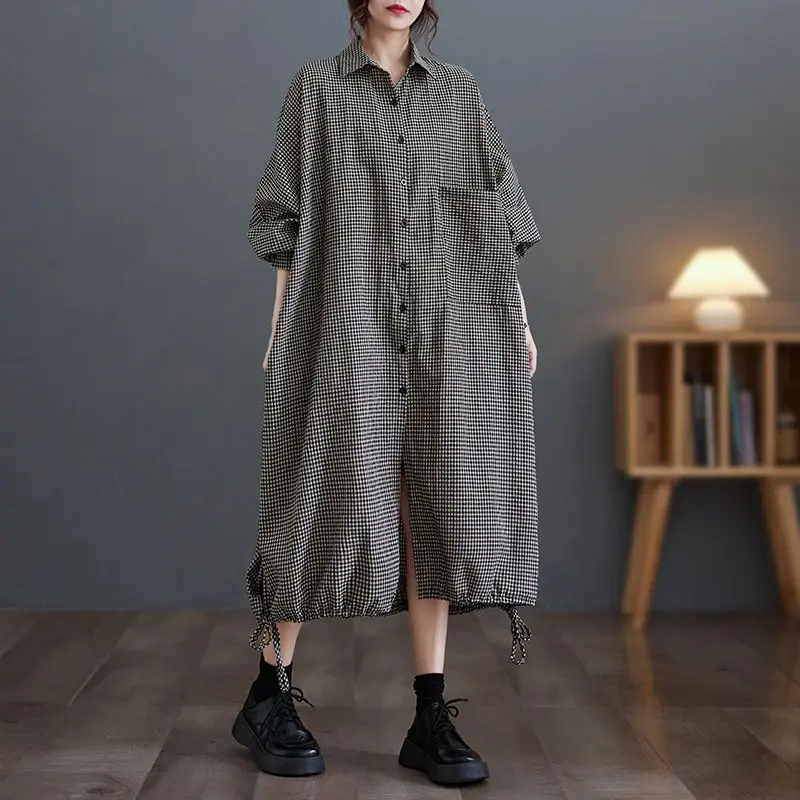 Abito da donna nuovo estivo europeo 2025 Abito camicia a quadretti retrò per pendolari oversize