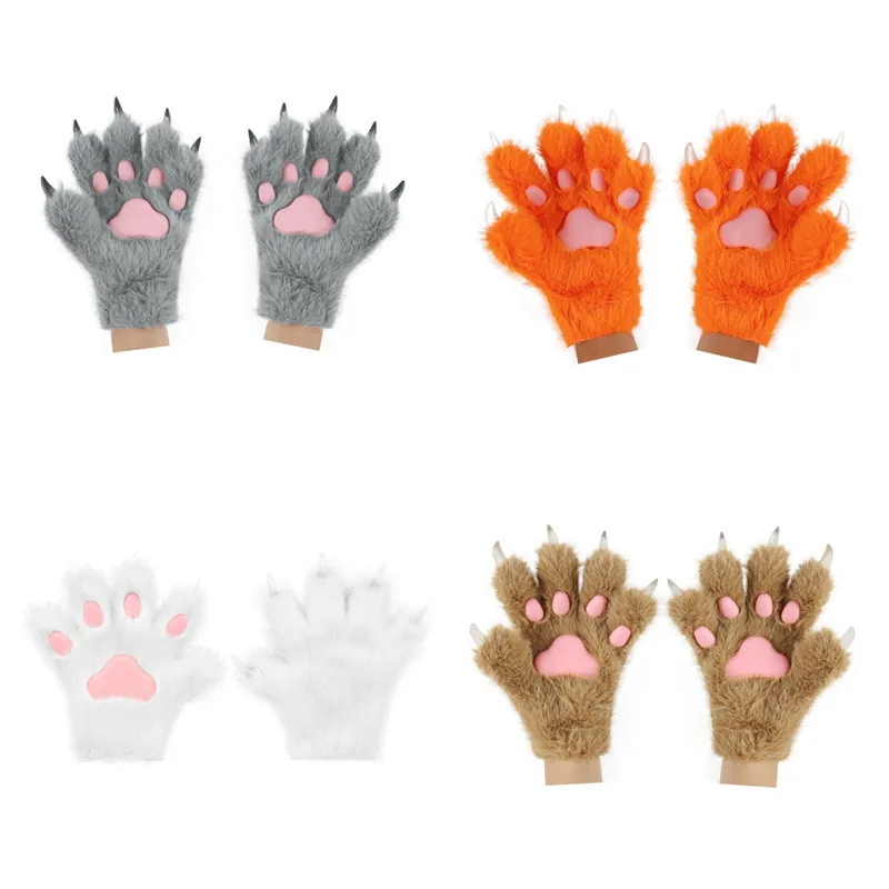 Furry Fur Cat Wolf Fox Dog Fluffy Animal Paws Claws Gloves Mittens Hands Costume Cosplay Halloween Christmas for Kids Props Gift