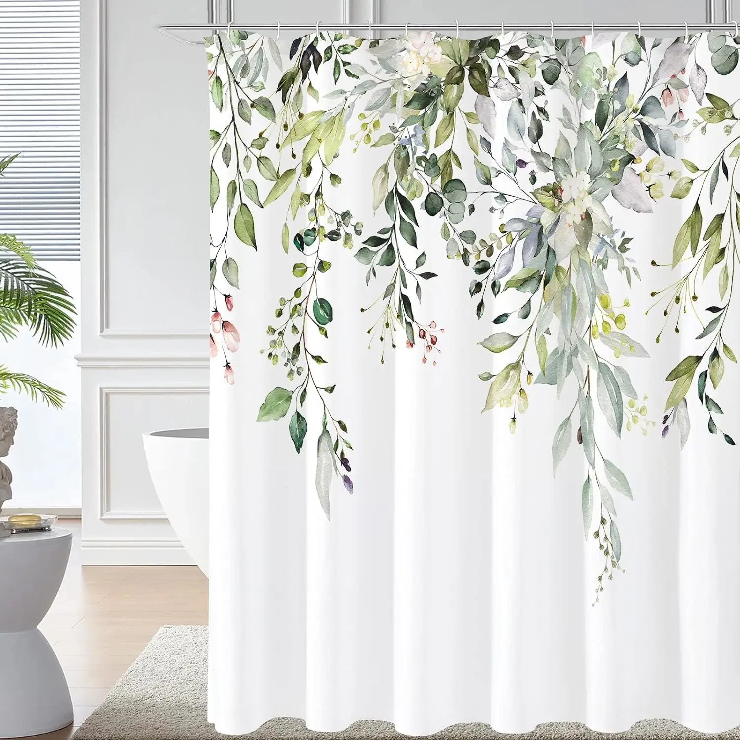 

Gibelle Sage Green Eucalyptus Shower Curtain, Watercolor Plant Leaves, Waterproof Fabric Set with Hooks