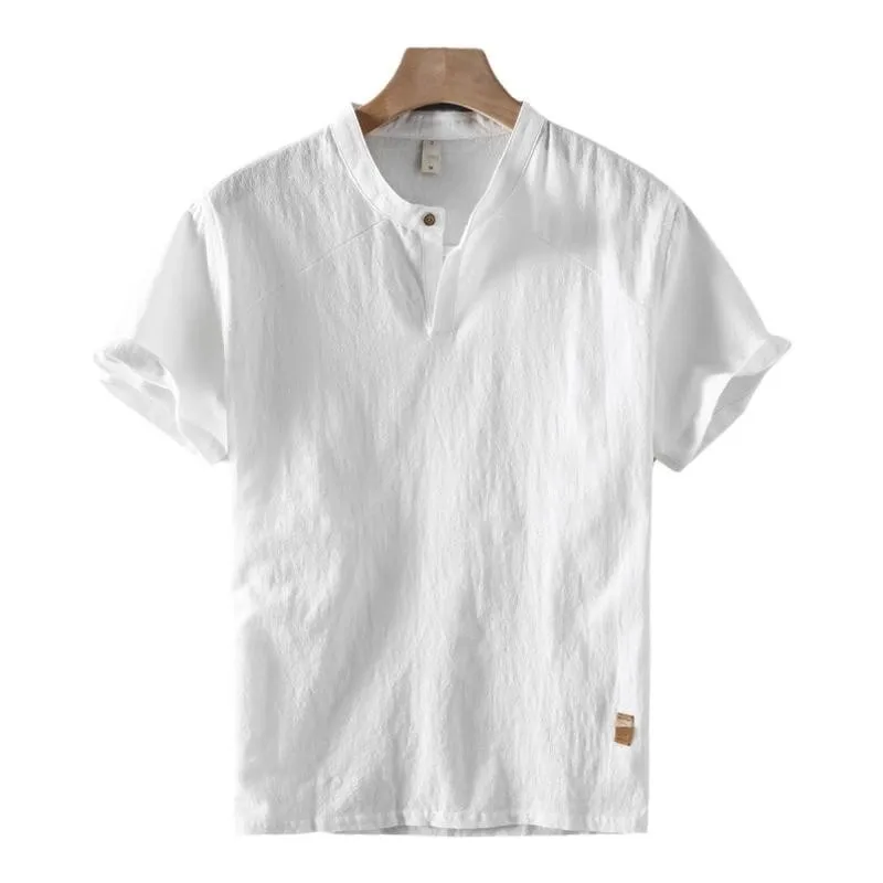 Letnia nowa męska lniana koszula z kołnierzykiem stójką, bawełniana, lniana, retro, oddychająca, luźna koszula.