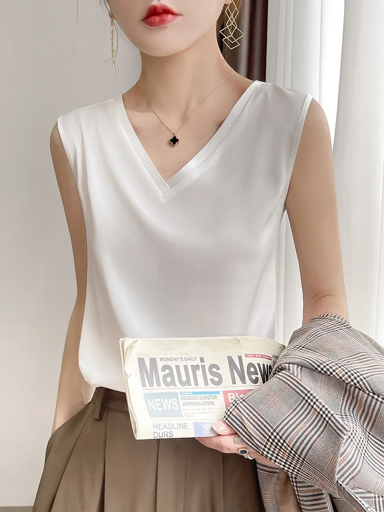 Tank Top Women Summer Solid Colo Artificial Silk Satin Thin Smooth Black White Camis V-Neck Basic Model Silky Y2k 2023 Must Buy