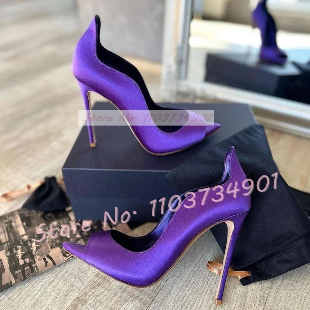 Purple Satin Peep Toe Elegant Pumps Women Stylish Curved Edge Stiletto High Heels Evening Shoes Ladies Fashion Big Size Pumps