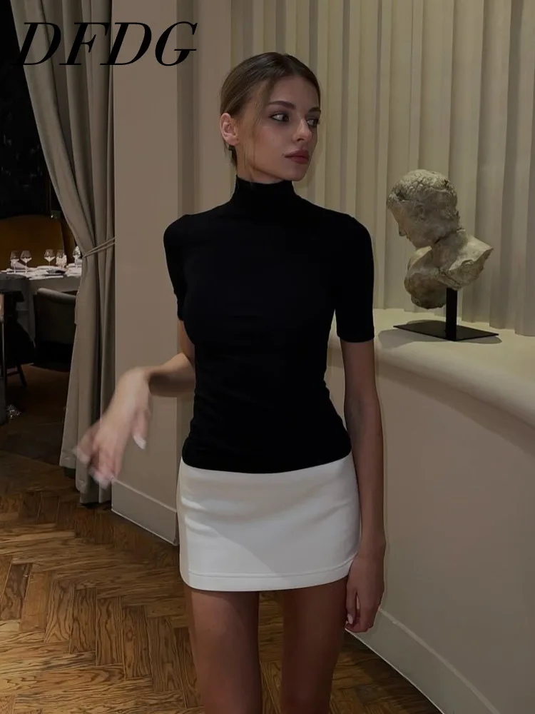 

DFDG женское летнее черное платье с высоким воротником, юбка с короткими рукавами и цветными блоками, облегающее повседневное повседневное модное женское модное платье 2025 года