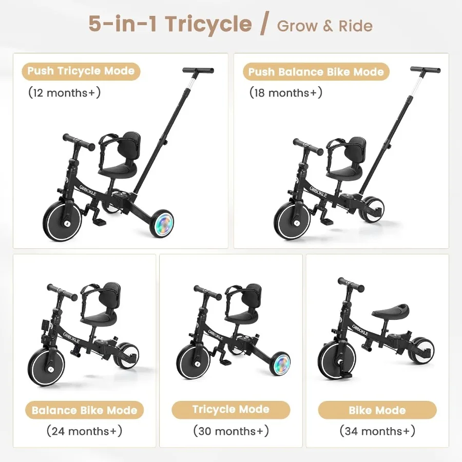 دراجة ثلاثية العجلات 5 في 1 للأطفال الصغار 1-3 دراجة أطفال قابلة للتحويل مع مقبض دفع ودواسات قابلة للإزالة دراجة توازن مع ضوء ملون #3