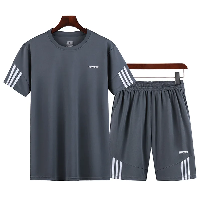Summer Running Suit Men Plus Size Casual Sports Fitness Quick Drying Set Round Neck Short Sleeve T-shirt Shorts Two Piece Set