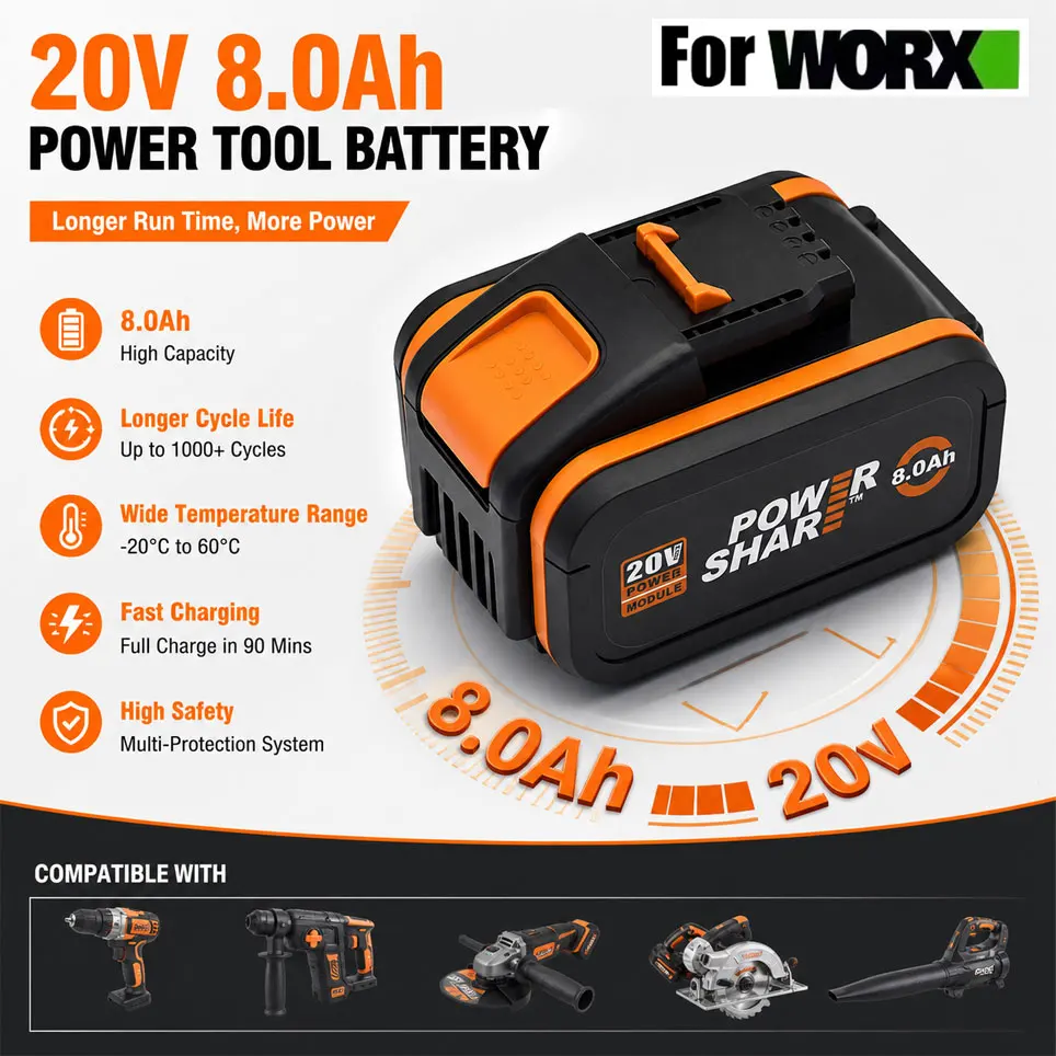 WA3553/WA3551 für Worx 20V Ersatzakku Li-Ion für Kabellose Elektrowerkzeuge WA3572 WX390 WX176 WX178 WU268 für POWERSHARE Serie