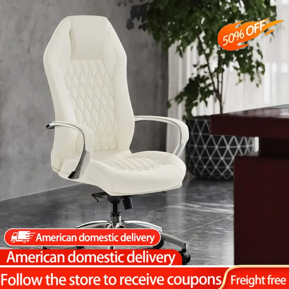 Furniture Modern Ergonomic Sterling Genuine Leather Executive Chair with Aluminum Base - Cream