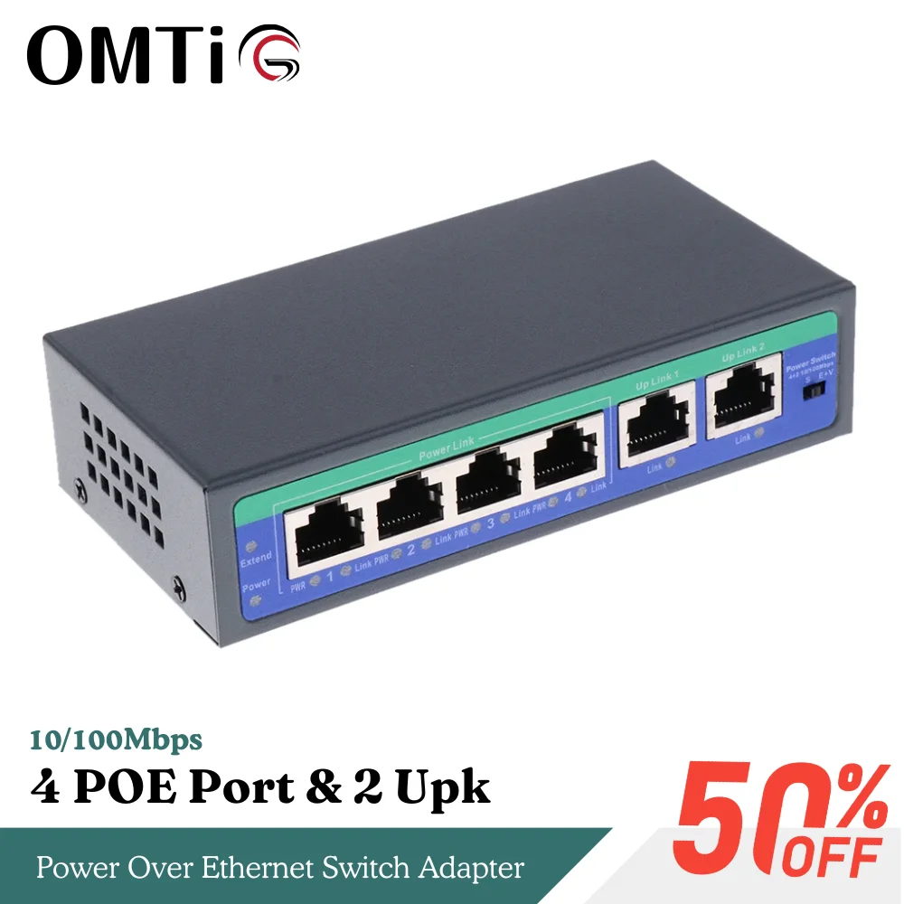 OMTiG 10/100Mbps 4 POE Port & 2 Upk Power Over Ethernet Switch Adapter DC 12-55V