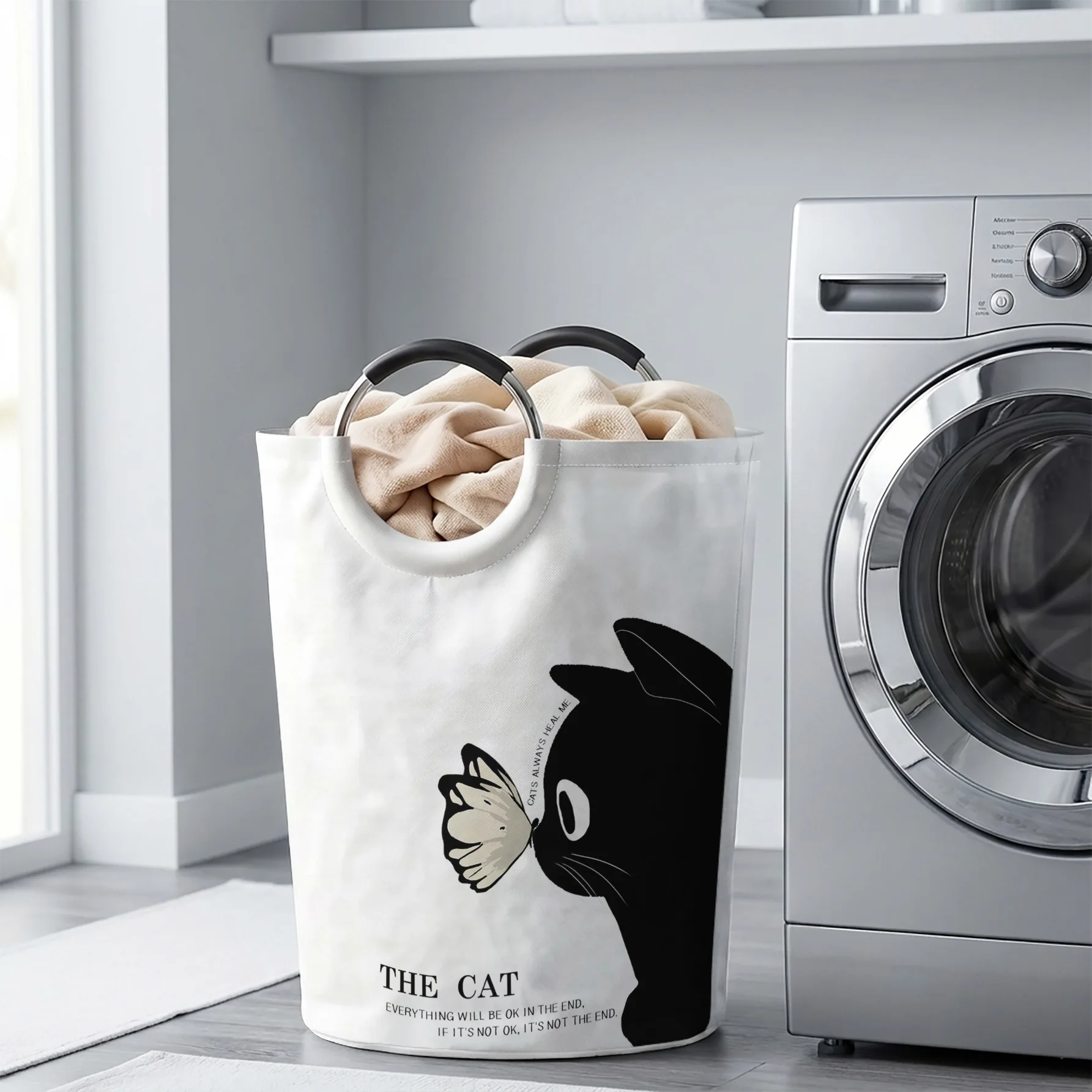 Black Cat & Butterfly Print Handheld Storage Basket, For Laundry, Bedroom & Home Sundries Storage