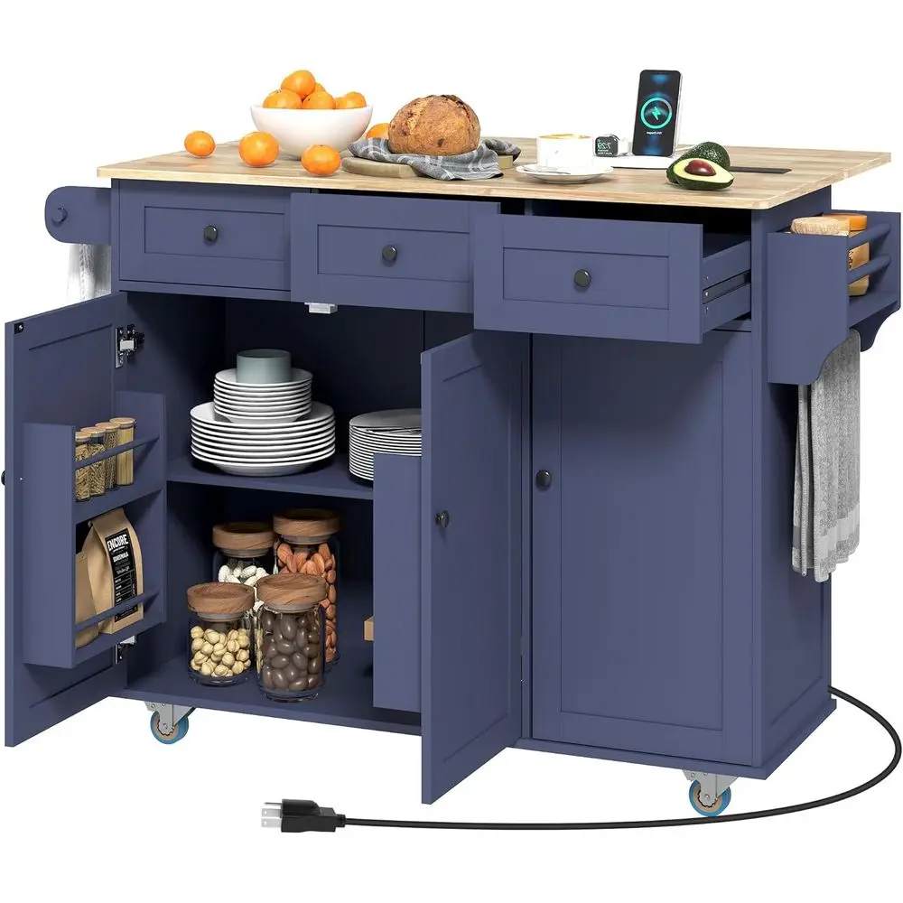 53 Rolling Kitchen Island with Power Outlet, Drop Leaf, Wood Top, Adjustable Shelves, Spice & Towel Rack, Blue