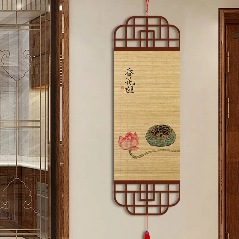 Bamboo Mat Wall Hanging Chinese Lotus Seed Pod Ink Style Art with Wood Lattice Frame for Tea Room and Entryway Decor