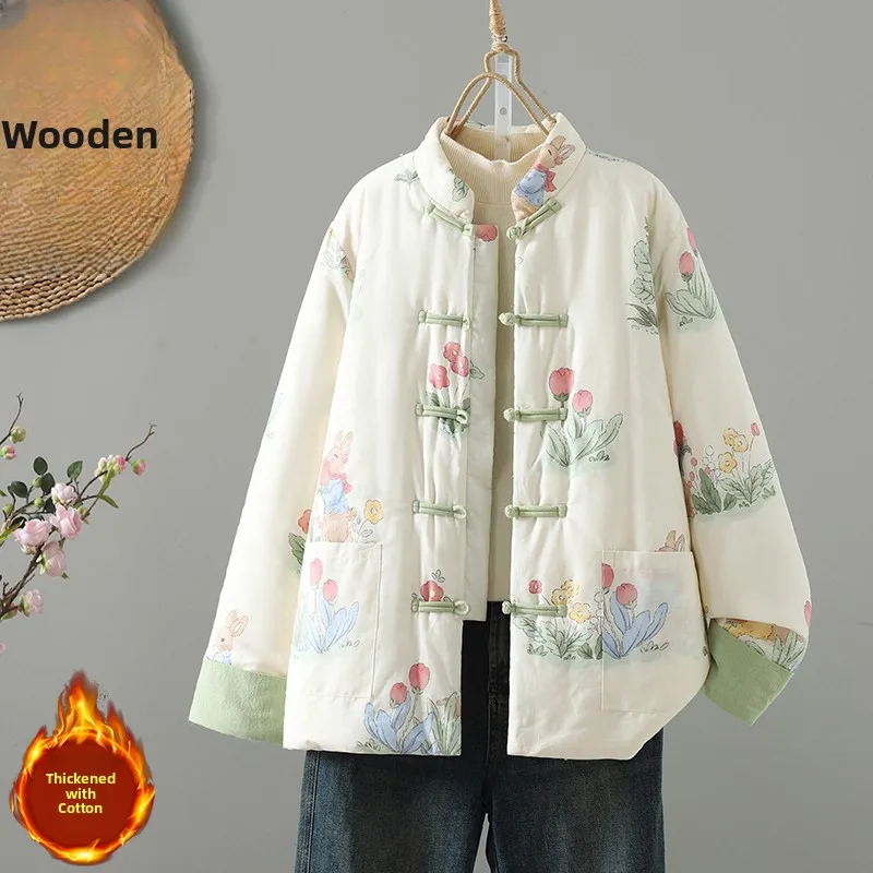 

Утепленное хлопковое пальто с цветочным принтом, свободного кроя, винтажное, на пуговицах, теплое, осенне-зимнее, новая модель, верхняя одежда в стиле ретро