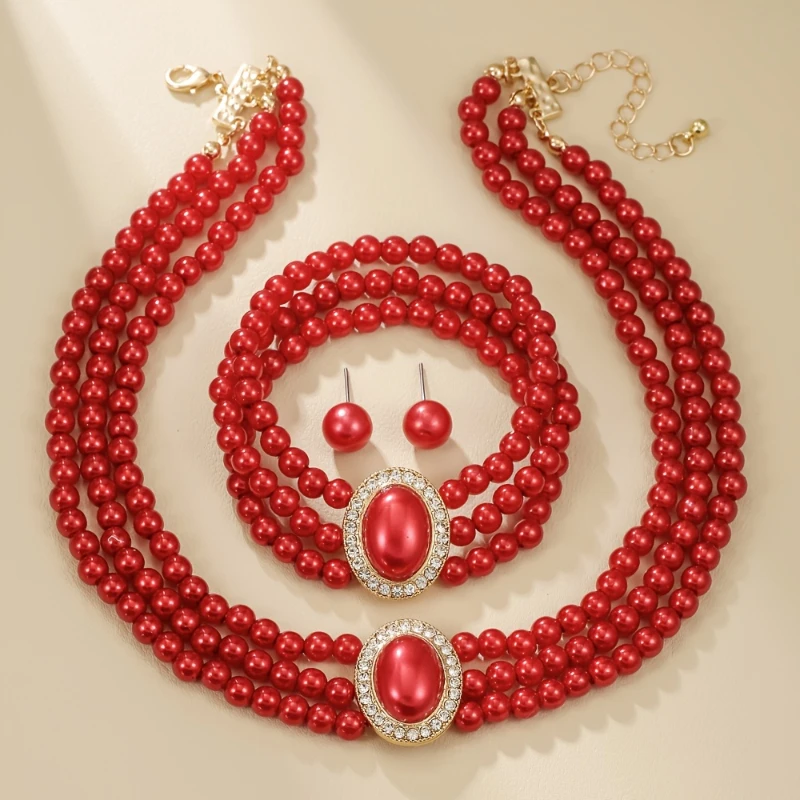 Luxury Fashion Pink Imitation Pearls Oval Pendant Necklace Bracelet Earrings Women's Personalized Jewelry Set 3pcs/set