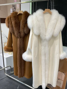 Winter Real Natural Fox Fur Collar Cuff Coat Long Cashmere Wool Jacket Woolen Ladies Outwear Female Coat Women Luxury Jacket