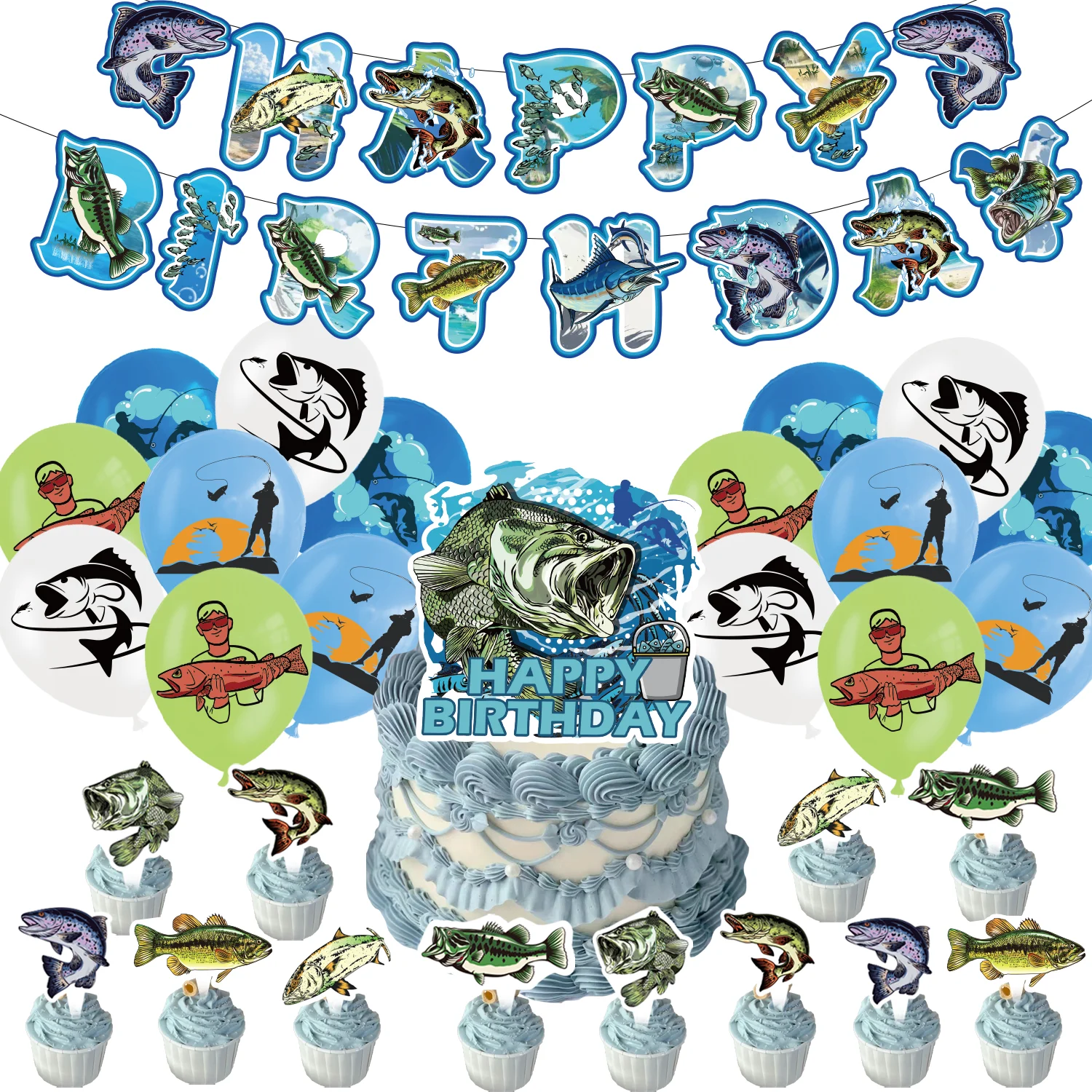 Fishing Cake Topper Men Birthday Party decoration Fisherman Themed Blue Ocean Balloon Banner Boys Birthday Supplies Baby Shower