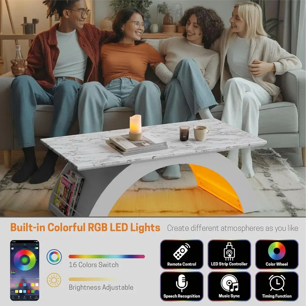 LED RGB Illuminated Marble Effect Small Coffee Table for Living Room, Dining Area, and Office
