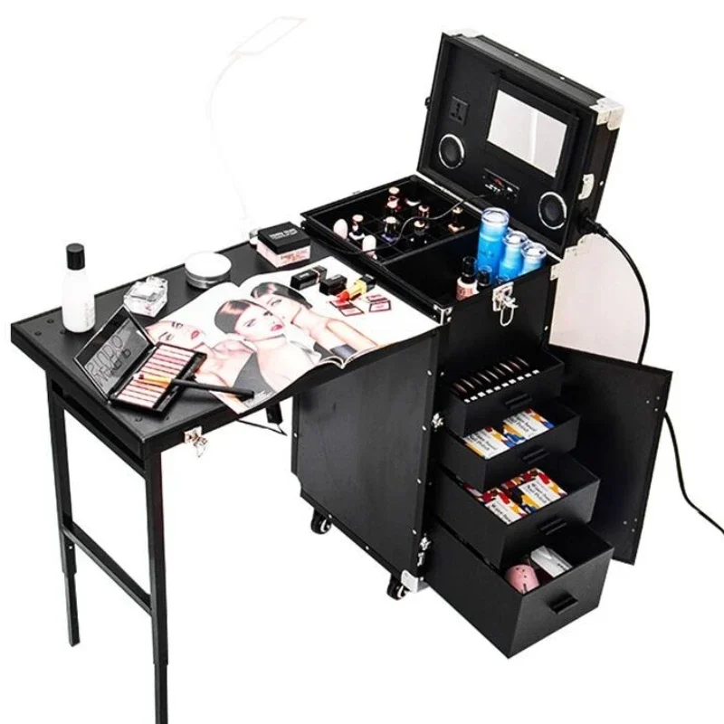 Manicure Table Foldable Nail Table Makeup Train Case with Desk Cosmetic Trolley Travel Makeup Table Scrivania Per Unghie Salon