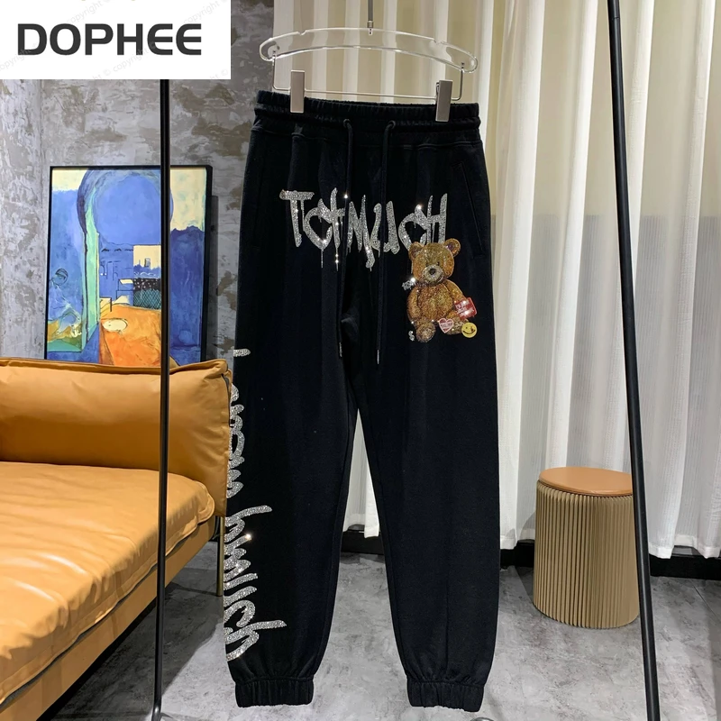 

Blingbling Summer Women Trousers 2022 New Fashion Hot Drilling Bear Casual Thin Sweatpants Luxury Lace-up Streetwear Black Pants