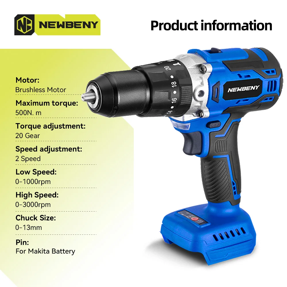 ​NEWBENY 13mm Brushless Electric Drill 20+3 Cordless Efficient Multifunctional Electric Screwdriver For Makita Battery Pin