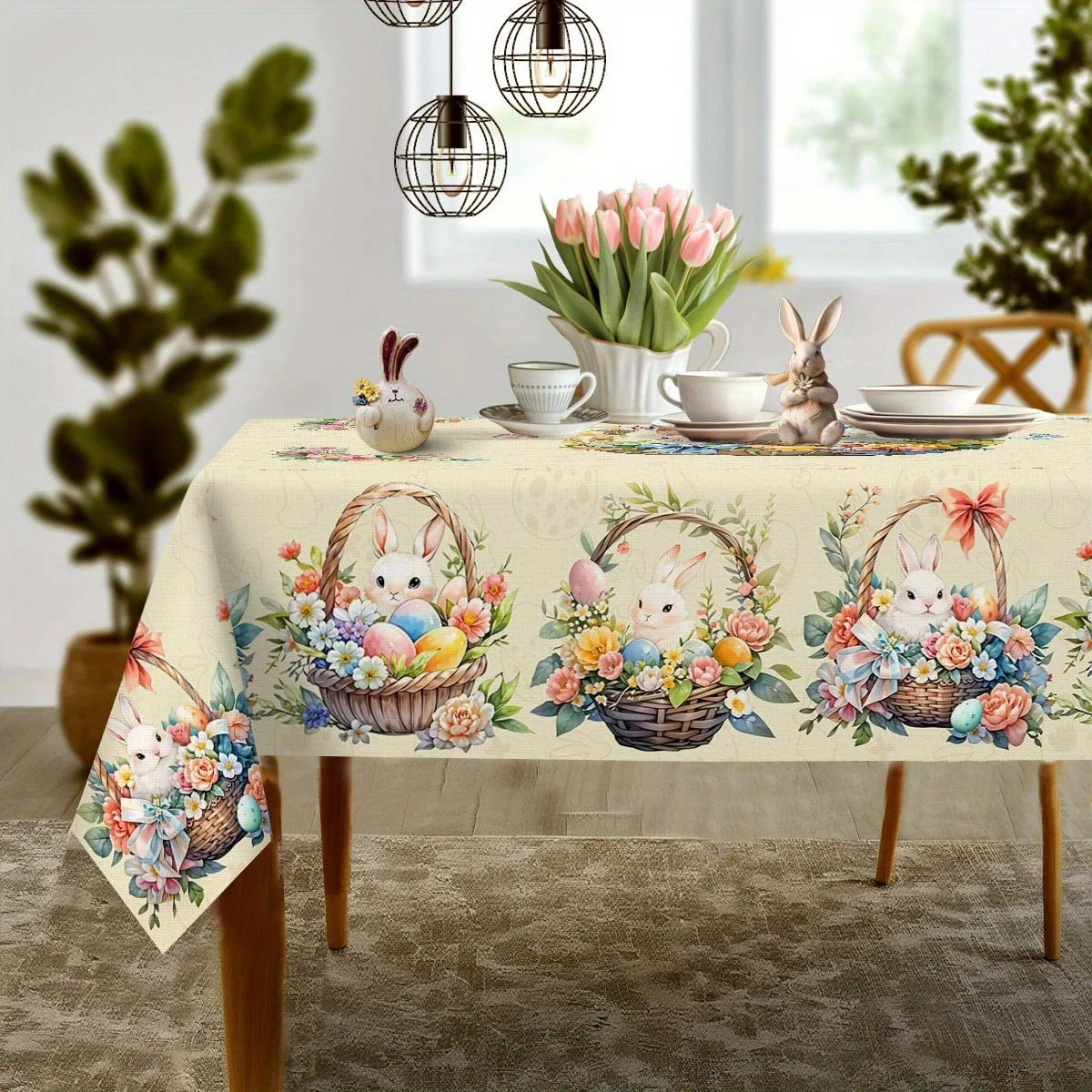 Tablecloth Easter Bunny Floral Tablecloth - Colorful flower baskets and Easter eggs design