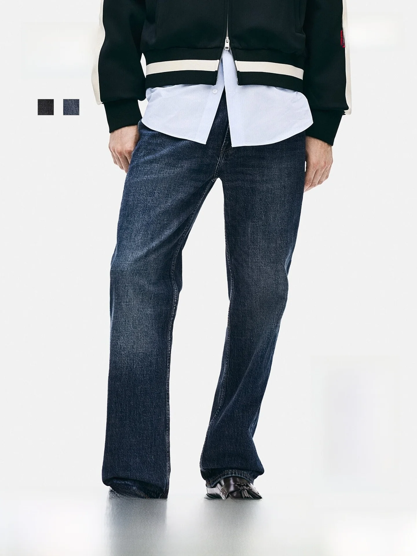 

Джинсы H&M мужские весенние, новинка, средняя посадка, модель 309974, повседневный крой, удобные, из смесового хлопка, с эластичным поясом на молнии