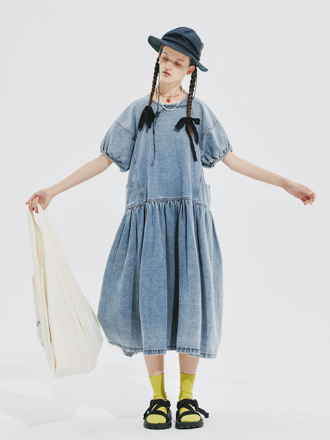 

imakokoni 2024 summer new pure cotton washed denim dress puff sleeves 244622