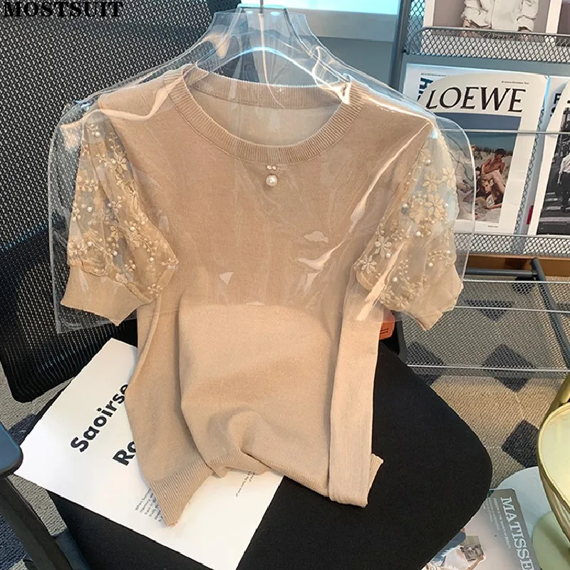 

Summer Pearl Beaded Ice Silk Knitted T-shirt Sweater Women Lace Sleeve Round Neck Ladies Pullover Tops Korean Fashion Knitwear