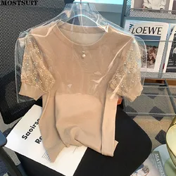 Verão pérola frisado gelo seda malha camiseta camisola feminina manga de renda em torno do pescoço senhoras pulôver topos moda coreana malhas