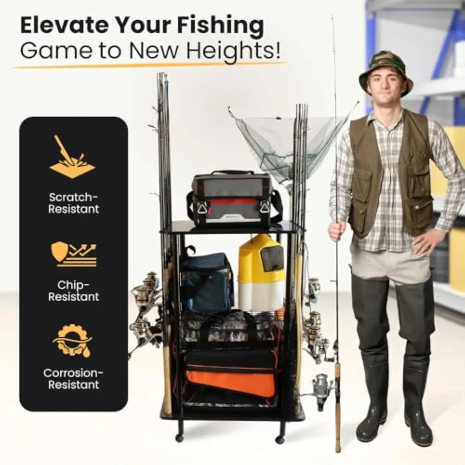 Garage Fishing Rod Holder Rack Organizes Up to 12 Rods and Reels - Mobile Storage for Car Gear