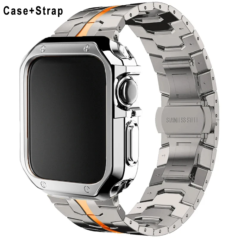 

Strap+Case for Apple Watch Ultra 2 49mm Series 10 46mm 42mm 9 8 7 SE 45mm 41mm 44mm Luxury Stainless Steel Band IWatch TPU Shell
