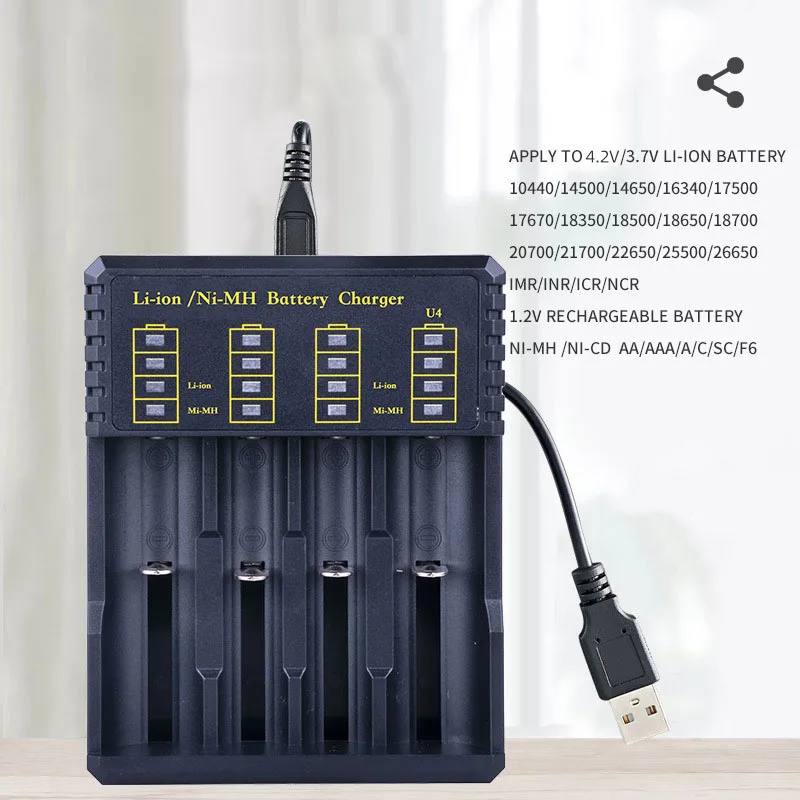 بطارية USB شاحن ذكي 4 فتحات لبطارية ليثيوم 18650 21700 14500 3.7 فولت قابلة للشحن لبطارية 1.2 فولت ni-mh AA / AAA